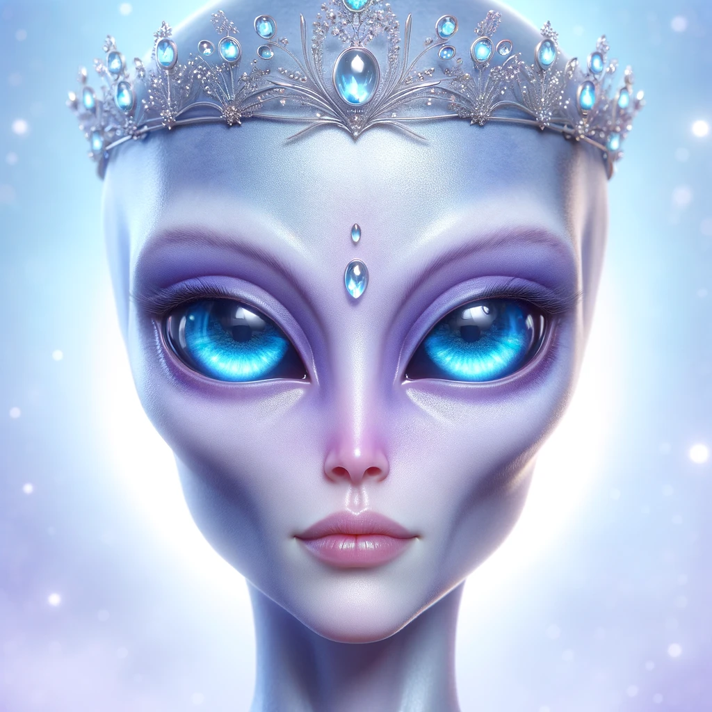 A silver skinned alien with big blue eyes and a tiara.