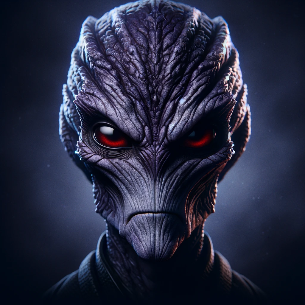 An angry very dark purple alien on a dark background.