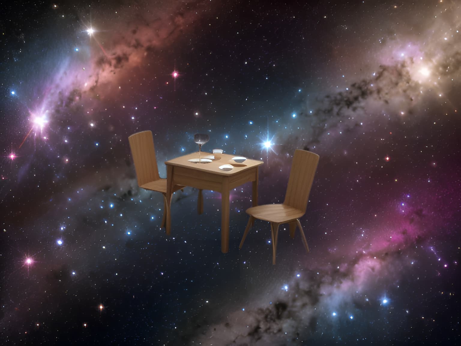 A table and chairs floating in space